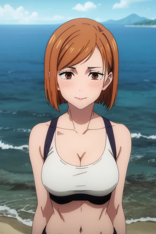 (masterpiece, best quality, high resolution, anime screencap, anime colored, 8k, photorealistic), Nausicaa, 16years old, milf, wife, solo, brown hair, sad smile, (looking at viewer), huge breasts, cleavage, (white bikini:1.5), Curvey, cowboy shot, (lake, wet), (perfect detailed anatomy, beautiful detailed face&eyes:1.5, shiny skin, perfect sharp body)