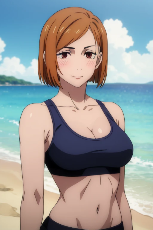 (masterpiece), (best quality), (ultra-detailed), (best illustration), (best shadow), (absurdres), nobarakugisakinova, short hair, orange hair, ((brown eyes)), kugisaki nobara, 1girl, solo, bangs, looking at viewer, upper body, ((blue bikini bra)), cleavage, beach background, perfect body, ((perfect breasts)), Hourglass body, thin waist, very thin waist, large breasts, sexy, (skinny), ((blushing)), bare shoulders, bare collarbone, smile, bare neck
