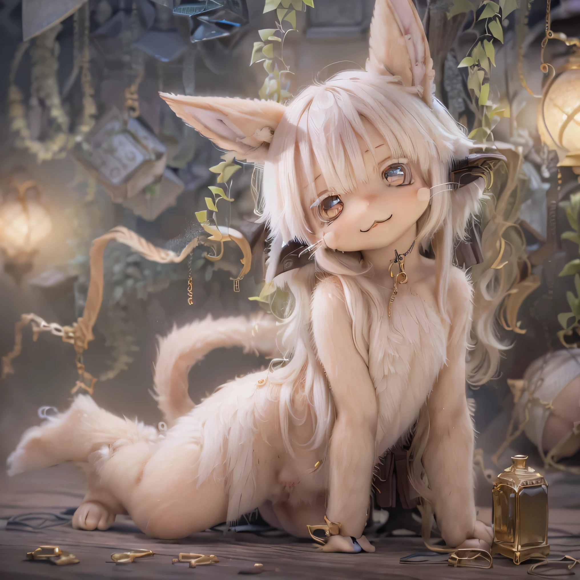 , smile, Photorealistic rendering with a warm and bright atmosphere . Similar to a forest setting , it combines , beautiful eyes and lips . ((( photorealistic rendering similar to Chibi's character style ,))) . The image quality is excellent , 温かみのある明るい雰囲気を作り出すillumination非常に詳細でリアルな機能 . The medium of this work is、 I created an illustration .. The colors are vivid、 illumination、 made in Abyss 、use 。 full body((((( NAKED ))))) sexy pose long ears