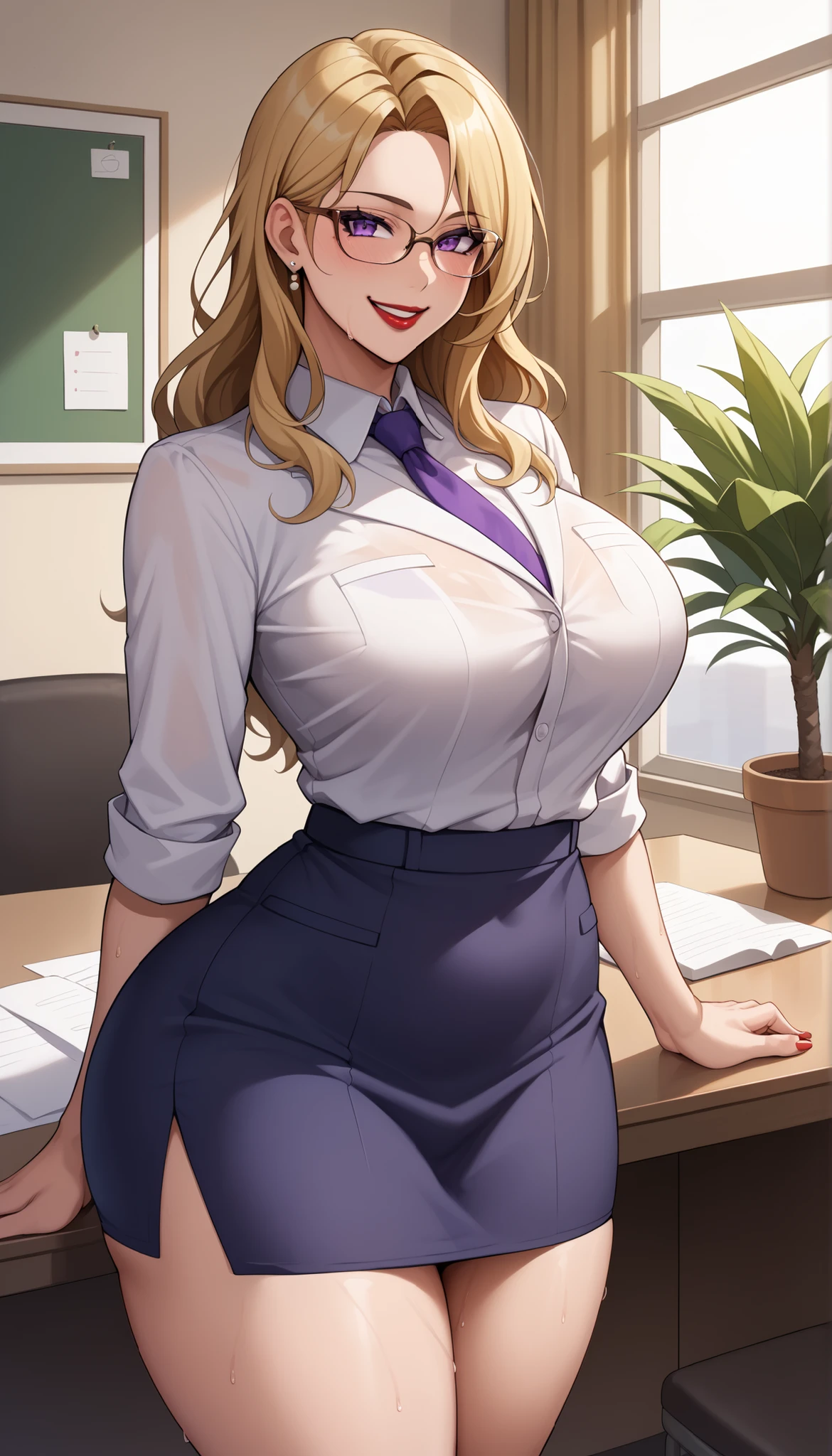 Super-detailed, 8k HD, 3d art style, 1 girl, solo, mature, beautiful and detailed face, detailed hand, blond hair, green eye, slender hips, thick thighs, huge and droopy breast, huge round ass, black office suit and mini skirt, long cravat , fishnet thigh high stocking, expressionless, holding office documents, standing in the hallway waiting
