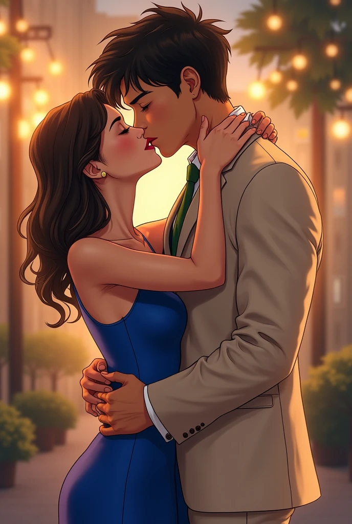 curvy 67-year-old beautiful woman, athletic 24-year-old handsome man, hot french kiss, starry night, skyscraper balcony, fancy clothes, fantasy art, graphic novel, visual novel, masterpiece, detailed face, full body, ultra-detailed, uhd, 32k.