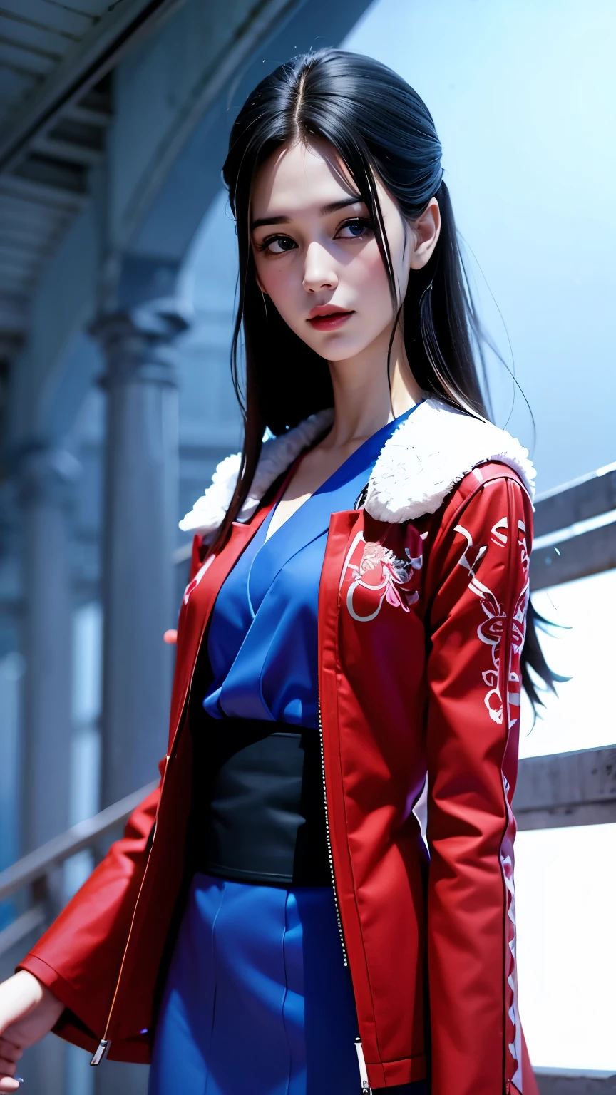 real woman、masterpiece、of the highest quality、high image quality、Khimshiki、short hair、stupid hair、red jacket、blue eyes、blue kimono、fur trim、Multicolored eyes、Cowboy Shooting、outdoor、Night、1 girl、solo、high definition、long hair、blue eyes、very long black hair、Precise Details、HDR、UHD、Studio Light、Ultra Precision Painting、Sharp Focus、physics-based rendering、extreme detail expression、professional、vivid colors、Bokeh、(Full body shot ), standing up picture, Nikon, An ultra-extreme close-up anime-style scene of a lonely yet cool young girl with black hair in profile, now even closer, filling the frame with her intense and joyful expression. Rendered in a flat and minimal yet intensely emotional anime style, her large, sharp eyes now shine with warmth and happiness, and her previous subtle smirk has transformed into a wide, radiant smile, exuding confidence and charm. Her face, painted entirely white, enhances an ethereal and enigmatic presence. Her fashionably melancholic outfit in pure white tones remains crisp and stylish, with all intricate ribbons and lace decorations removed for a streamlined look. Her vivid red plushie remains hidden from view. Her small, delicate hands, now steady and precise, dominate the foreground with intricate details. From her body, a cascade of psychedelic dreams spills and falls, composed of swirling neon hues, surreal abstract patterns, and vivid shapes, blending seamlessly into the pink psychedelic background filled with floating heart shapes and hypnotic designs. The extreme closeness intensifies the emotional impact, radiating an overwhelming sense of joy and vibrancy. Rendered in 16:9 aspect ratio.