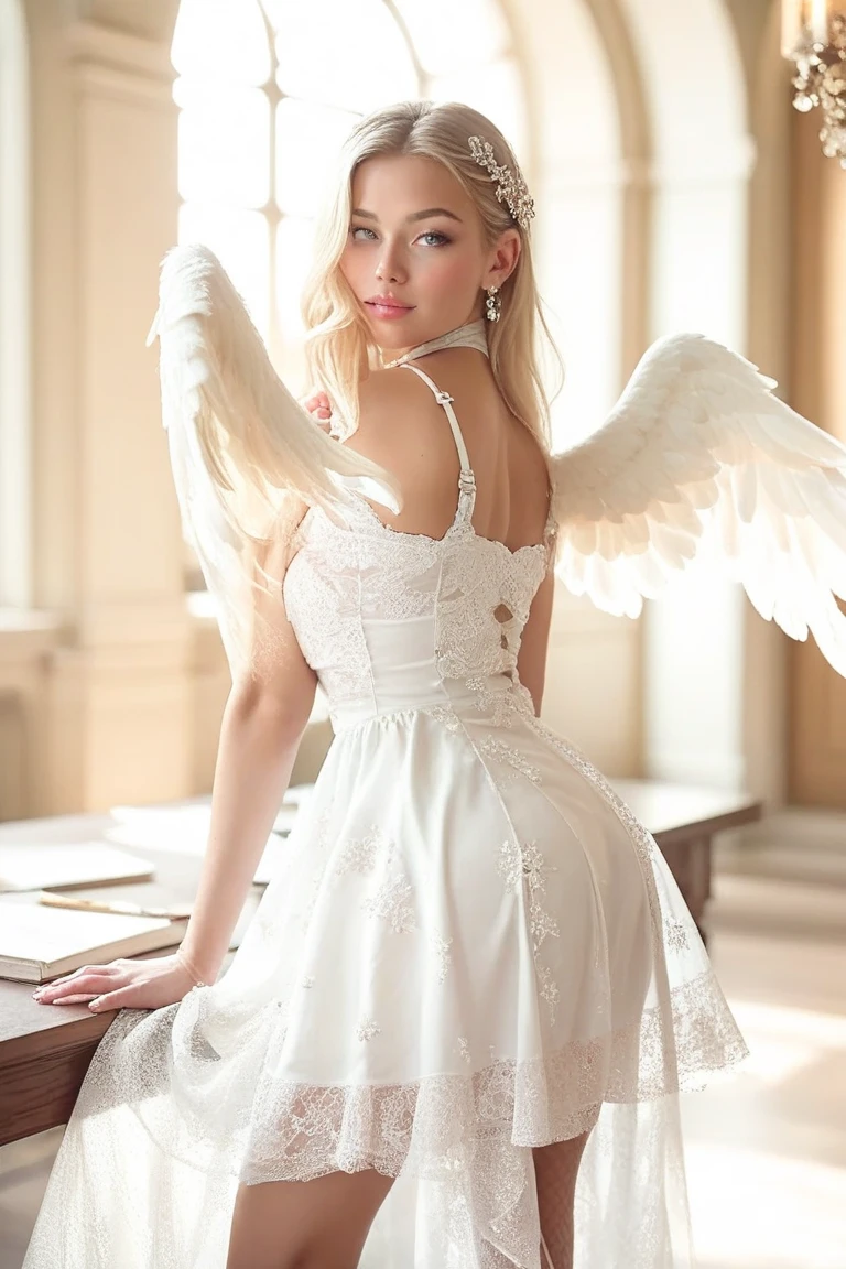 18 year old beautiful female angel in a white dress with big angelic wings - blonde hair blue eyes - garden background