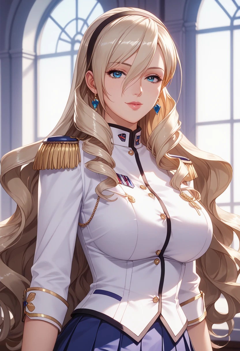 (obra-prima:1.2), Best Quality, high resolution body, papel de parede unity 8k, (illustration:0.8), (beautiful and detailed face:1.2, beautiful and detailed eyes:1.2), Perfect lighting, CG extremely detailed, (perfect hands, perfect anatomy),
Bonita, linda, charming lady, Shiny hair, Shiny skin, beautiful big and clear eyes,
milf, soft With a gentle appearance,
feminine style, watch out for it, lindo, naughty face,
celia _a, long hair, blond hair, olhos azuis, large breasts, White Uniform, hair band, dragonas, saia azul, pleated skirt, pantyhose , alta