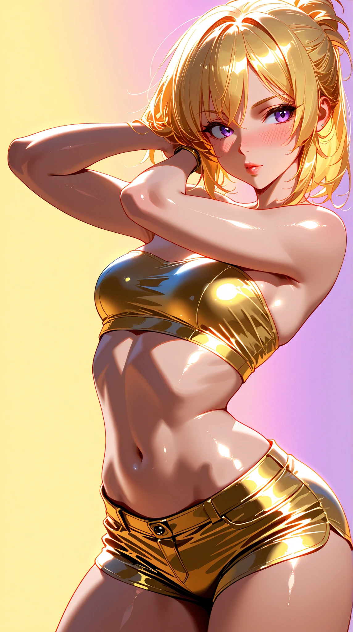 naked muscular Caucasian girl, (standing on elevated stage:1.0), (side view:1.0), (fitness competition:1.0), arms up, (hands behind head:1.0), skinny body, fitness model physique, (lean body:1.0), (tiny waist:1.5), narrow waist, (thin:1.0), very thin body, fit butt, athletic ass, round breasts, blonde hair, (hair in pigtails:1.0), beautiful face, cute face, gorgeous face, pretty eyes, young, youthful, perfect skin, LARGE BREAST IMPLANTS, (naked:1.0), (nude:1.0), smiling, plump lips, (fit butt:1.0), no body-fat, wearing black choker on neck, 8 pack abs, washboard abs, ripped body, fitness bimbo, oiled skin, shiny skin, nude, lightweight, feminine, barefoot, (narrow hips:1.0), long legs, LONG NIPPLES, arched back, legs spread apart, ENORMOUS NIPPLES, perky breasts, eye contact, hairless genitals, sexy, (slutty:1.0), slut, whore, (inner thigh gap:1.0), (big thigh gap:1.0), eye-shadow