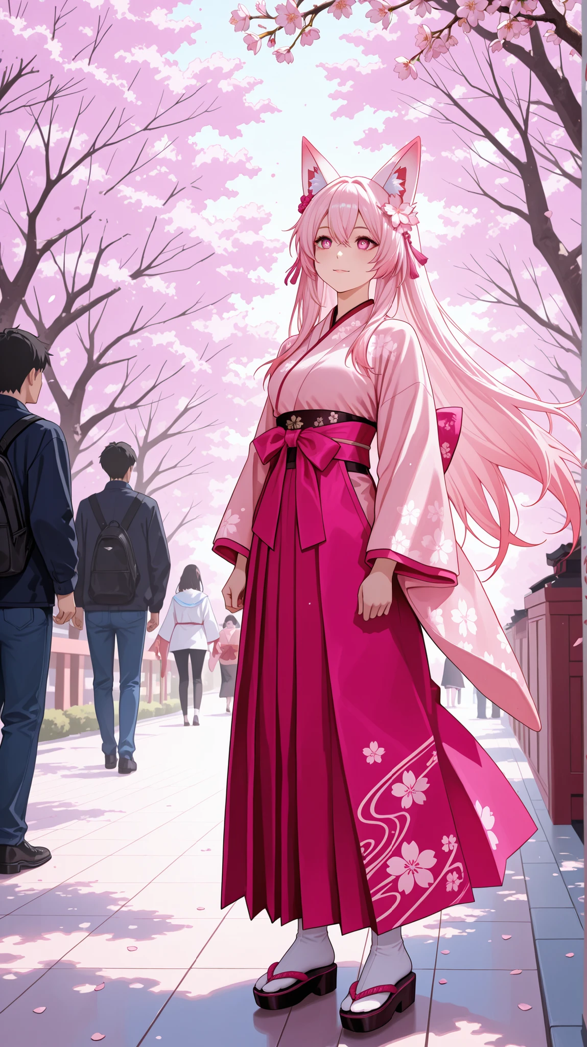 Cherry Blossom Season,
Goddess of Cherry Blossoms , From Anime to Live Action,
fox ears、
Japanese style detail,
Pink glow,
full body,
look at people watching,