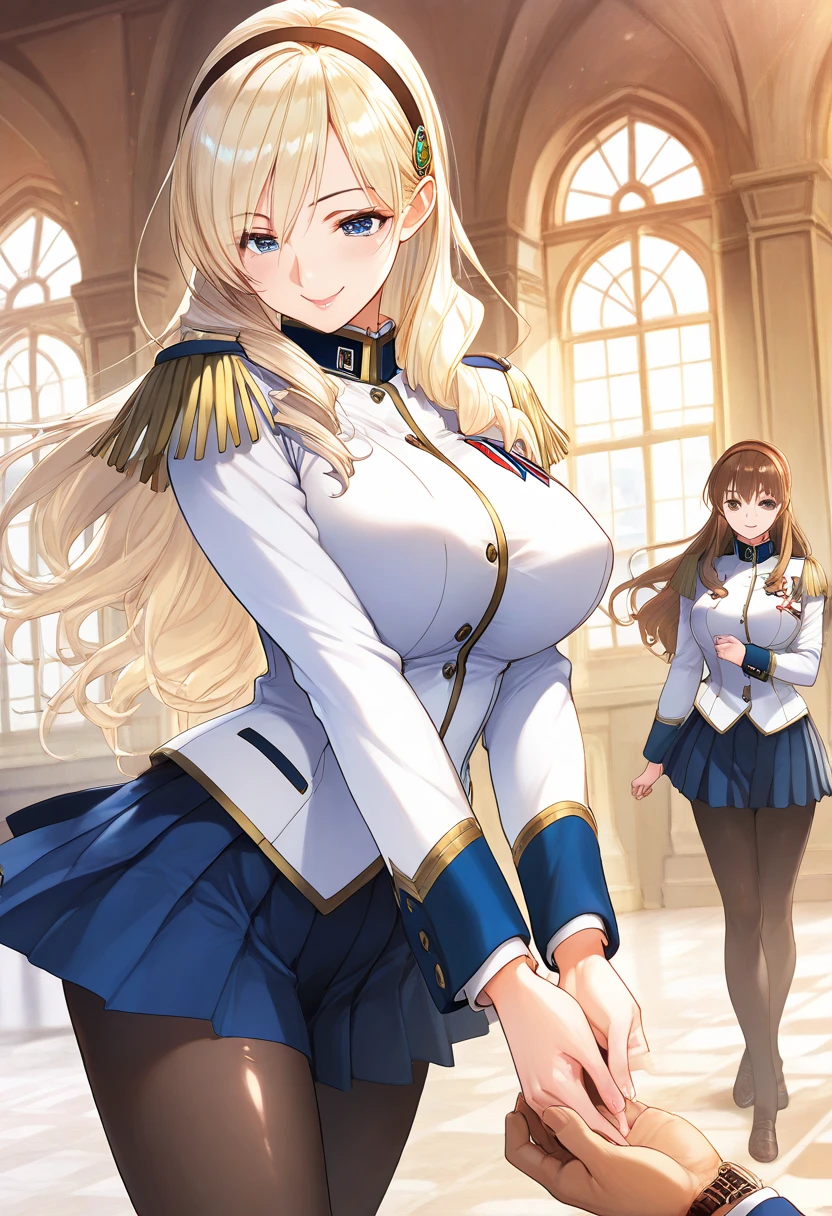 (obra-prima:1.2), Best Quality, high resolution body, papel de parede unity 8k, (illustration:0.8), (beautiful and detailed face:1.2, beautiful and detailed eyes:1.2), Perfect lighting, CG extremely detailed, (perfect hands, perfect anatomy),
Bonita, linda, charming lady, Shiny hair, Shiny skin, beautiful big and clear eyes,
milf, soft With a gentle appearance,
feminine style, watch out for it, lindo, naughty face,
celia _a, long hair, blond hair, olhos azuis, large breasts, White Uniform, hair band, dragonas, saia azul, pleated skirt, pantyhose , alta