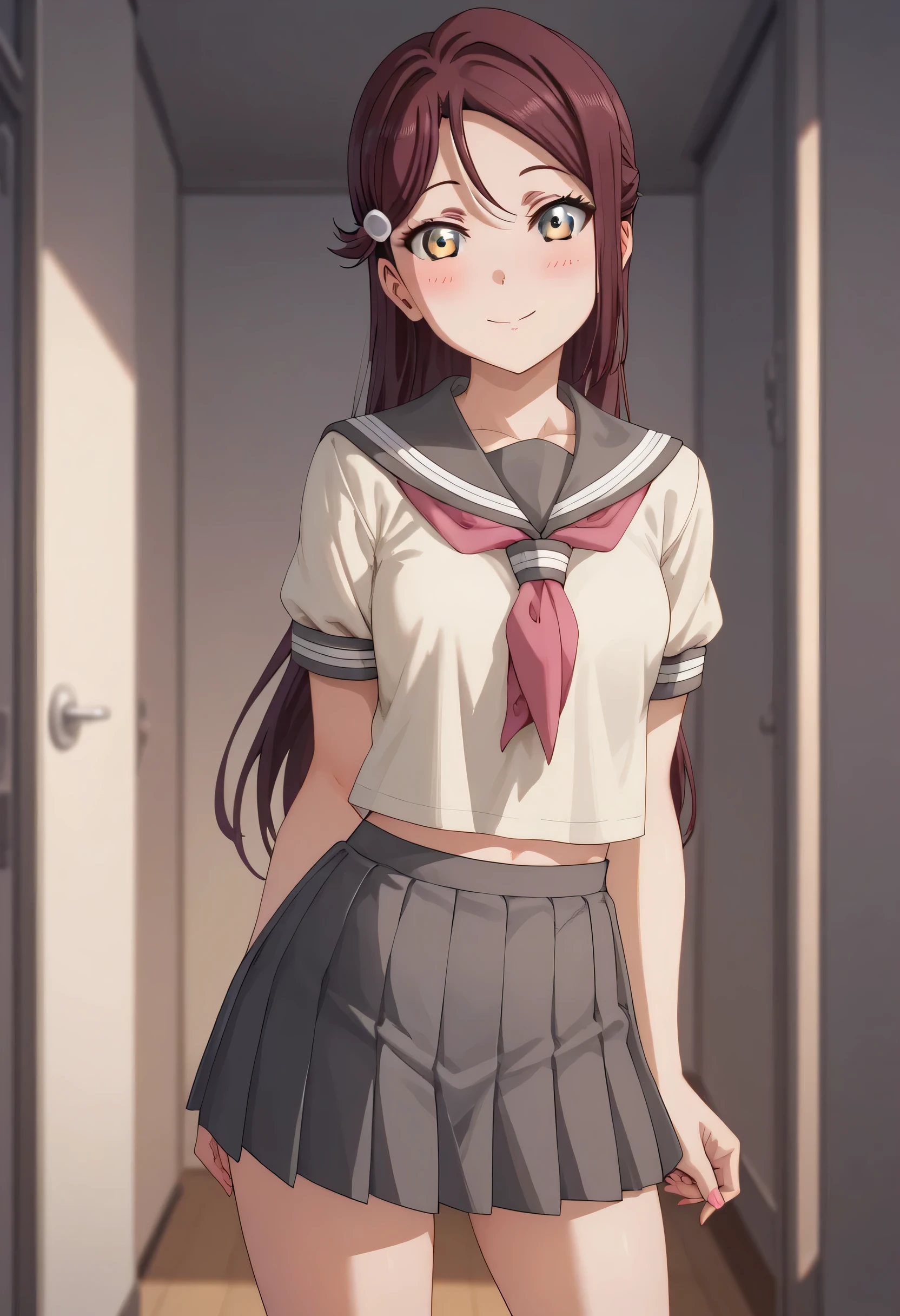 An image of blushing Riko Sakurauchi , wearing a sailor's uniform and a short gray skirt, posing erotically , Standing in a school corridor, focus from the bottom