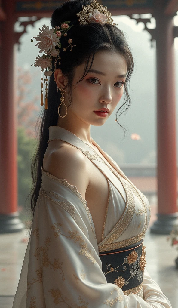 hanfu-song, Hanfu, Song Theme, scarf, Tube Top,, ((Shot in the knee)), ((Shoot at random angles)), ((Visible cleavage)), ((E Cup)), ((Type I Valley)), ((Warm colors)), Long-range shooting, A beautiful woman,Elegant Posture,permanent,fit。Her legs are thin and straight,Cross placement,Create a perfect diagonal composition。Gently tilt your head to one side,Long blond hair falls naturally,Touch her shoulders gently。Soft colors,In stark contrast to her fair skin。The skirt sways gently,As if swaying in the breeze。Her eyes are gentle,There was a faint smile on the corner of his mouth。The whole picture looks very beautiful