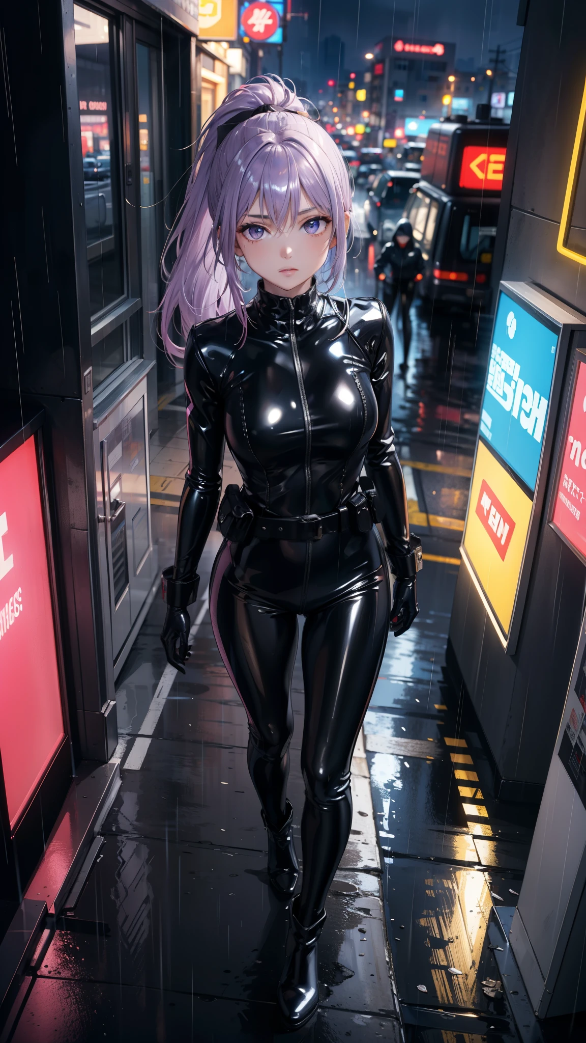 (masterpiece, center, Detailed), a chic, Alone, seen from above, looking at the spectator, ojos Detaileds, purple eyes shirt, Lavender hair short ponytail, Love, Medium breasts, ((black latex bodysuit)), (black gloves, ((shiny black leggings)), black boots, al aire libre, city, cyberpunk, (rain), belt, belt pouch, night, city lights, Neon lights, street, auto, people,