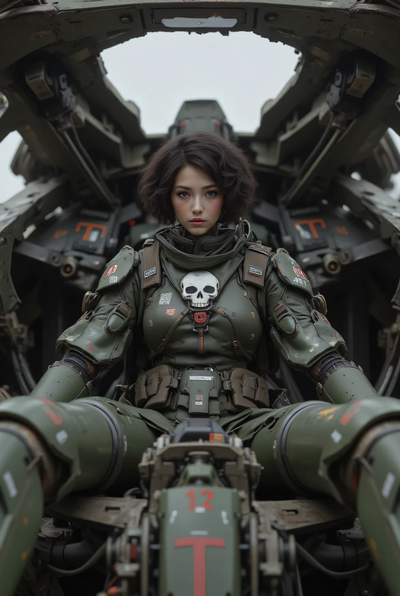 8k,Realistic Skin Texture、Superrealism、Realistic Photo、Near-future軍所属の日系女性パイロットが大型ロボットのコックピットに乗っている、Damaged moss green battle armor robot、Skull mark painted on armor、Near-future、Painting of the unit and identification number、Peeling paint、Oil stains、Detailed Description、Dynamic pose、Armored Core