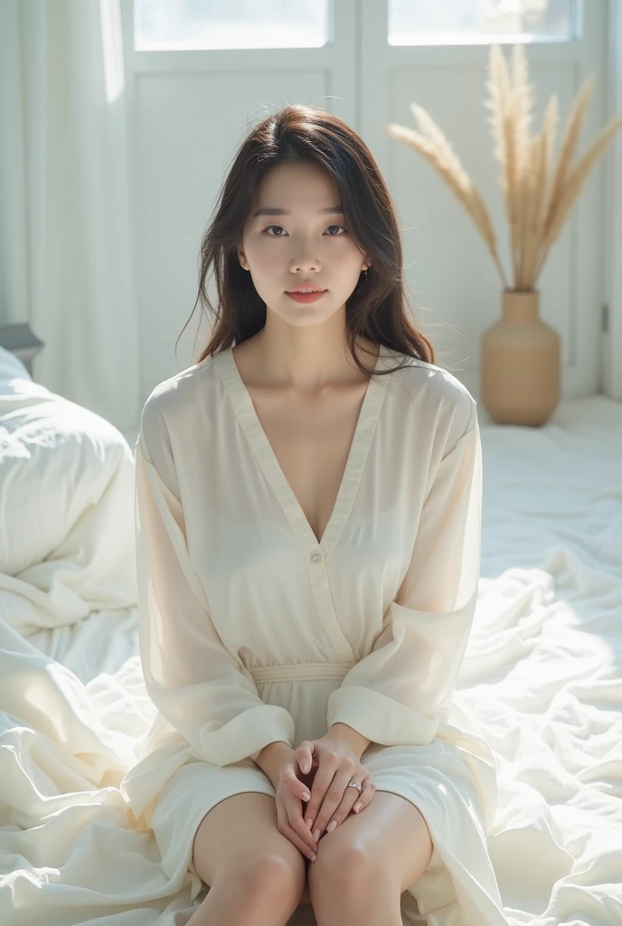 ((Best Quality, 8K, masutepiece:1.3)), beautiful Girl, pure, Melon face, gentle and cute, Sweet smile, pure lust, Thin body, (Frontal), (Head Tilted), Looking directly at the camera, uniform, Obi, Formal, Black silky long straight hair, long hair flowing over the shoulders, round black big eyes, clear big eyes, Moist red lips, Dolce, Sitting on the edge of the bed, Home background,Raw photo