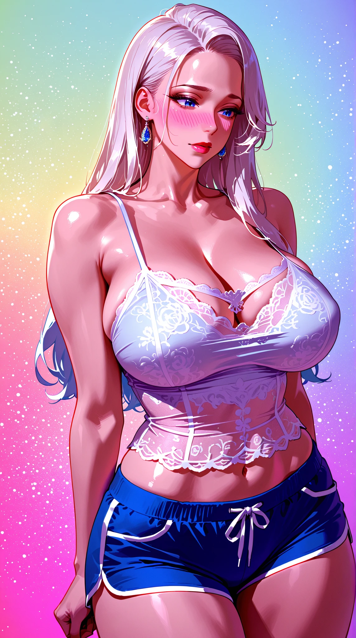 score_9, score_8_up, score_7_up, score_6_up, score_5_up, score_4_up, yu hee, blue eyes, white hair, huge breasts,  bare shoulders, butterfly earrings  ,red lipstick, stockings , wire laced bra ,laced wire underwear, ponytail 