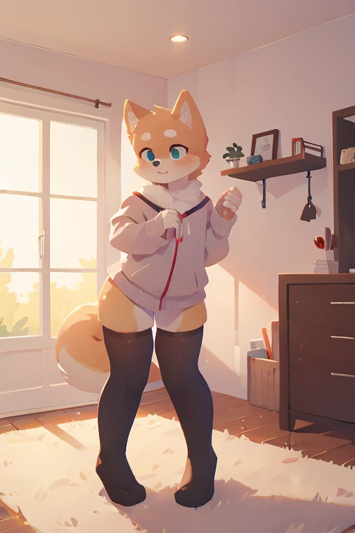 (SFW) Cute, furry, orange tabby cat boy wearing a light gray sleeveless turtleneck virgin killer sweater that is covering his crotch and bulging out, and light gray thigh-high socks, best quality