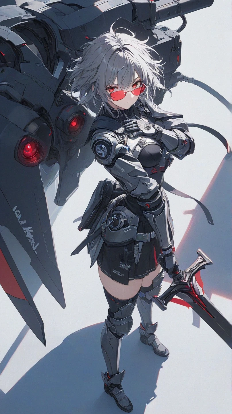 (Female Ninja Cruel Mech: 1.3, Full Body Covered Mech, Heavy AWP on Back, DSLR, Light Tracing, 3D, Concept Art, Action Painting, Film Lighting, Chiaroscuro) :(1.3). Highlighting the curve of the chest, the long white ponytail hair looks graceful and attractive. Masterpiece-like 8K resolution, (Murderous Death and Fear): 0.5, long red scarf fluttering in the wind, war-torn city as a backdrop, high res, very detailed hands that are not deformed or warped, ultrasharp, 8K, ((masterpiece))