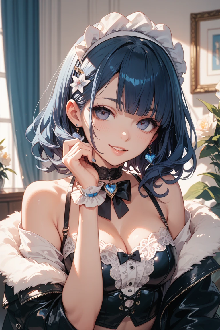 1girl,solo,cute,smile,blue hair,maid,big breast,cleavage,in house,front door,open the door,welcome home