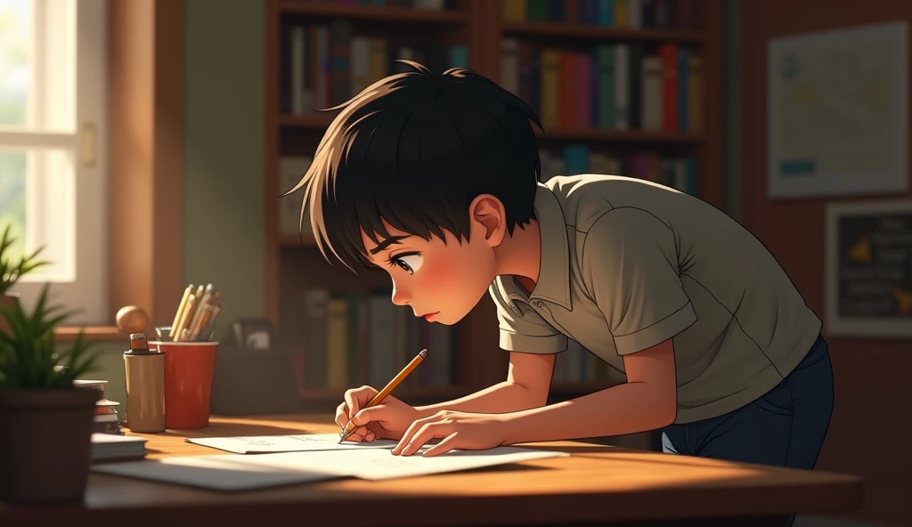 A boy (age 21 years) is sitting at the table and writing "Gum" 