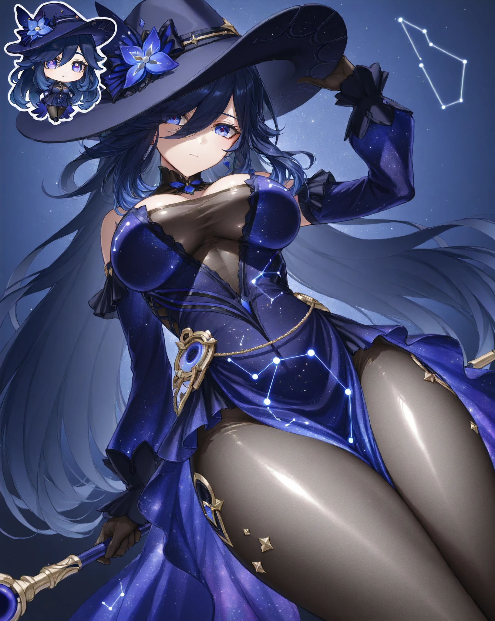 trading card ofwitch with big breasts sexy pose metallic blue sexy dress tarot card style