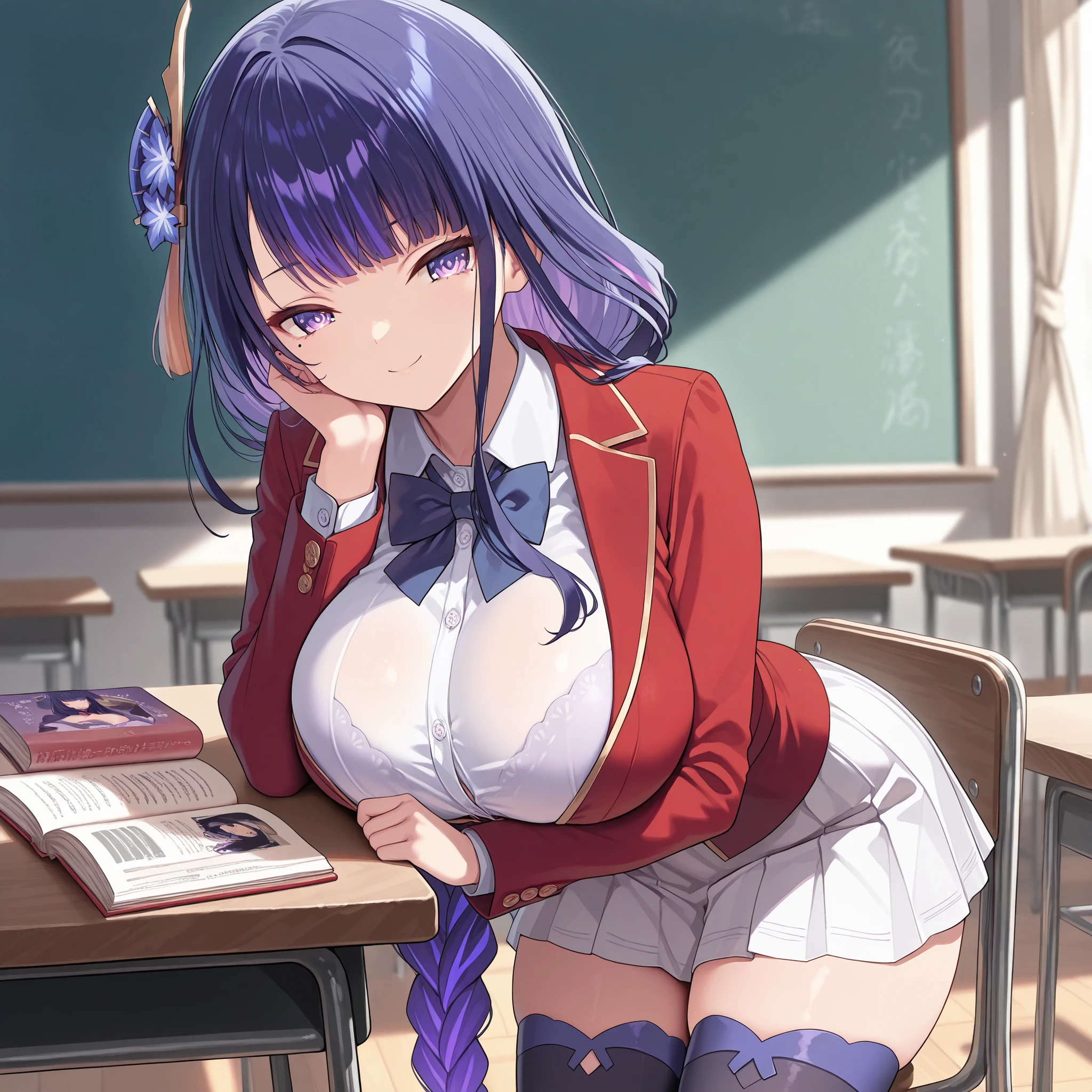 masterpiece, high quality, best quality, very aesthetic, absurd, raiden shogun, braids, long hair, one mole, one mole under the eye, black stocking zettai ryouiki, purple eyes, purple hair, wearing a red blazer with yellow stripes, blazer, wearing a white shirt, wearing a short white skirt with black stripes, blue light ribbon, wearing black stocking, beautiful purple eyes, long purple hair, very big breasts, smile face, sexy pose, solo woman, anatomical details,smile face , sexy, indoor, best quality, nice eyes, solo woman, looking at the audience, plump thighs, perfect background, Oppai / Slim body big breasts, only one woman, perfect big thighs, side, 4k resolution, in classroom, classroom of the elite school uniform, black stocking, stocking, sit on table, reading book, alone in class, only one person in the picture