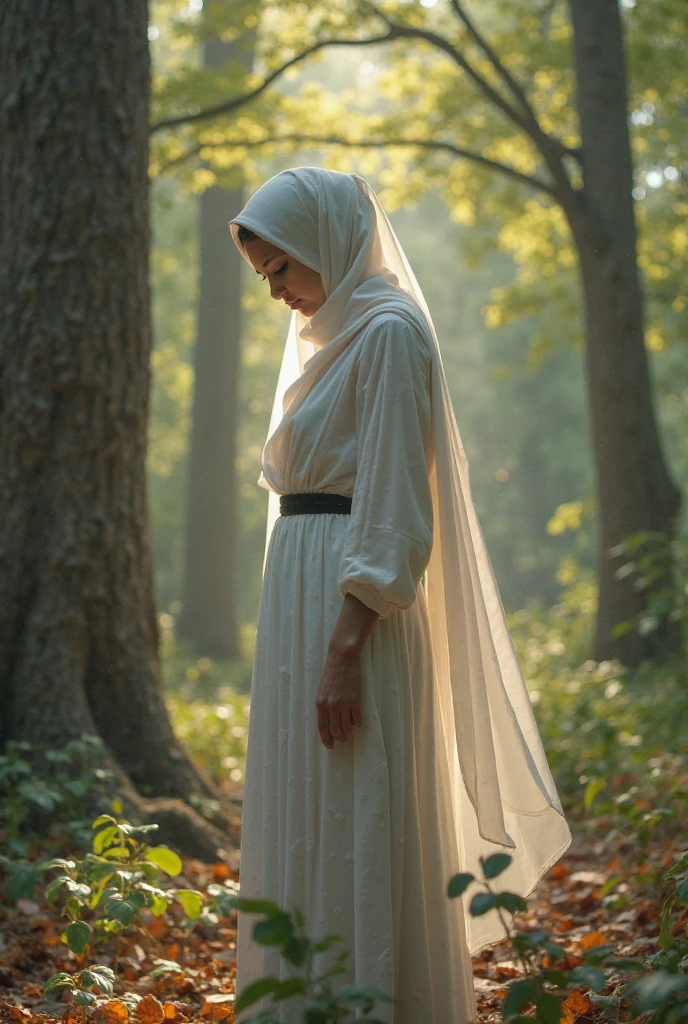 Sad hijab woman, wearing white clothes and black hijab while looking at the scenery