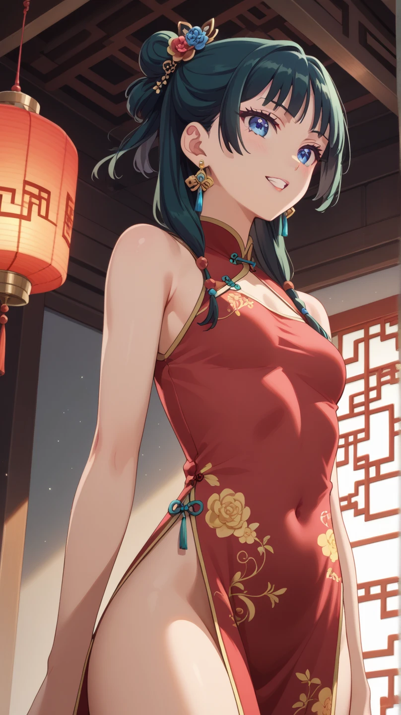 Create an illustration of an anthropomorphized sparrow girl at a vibrant, colorful mahjong tournament. She is wearing a cheongsam with traditional Chinese patterns and accessories made from mahjong tiles. Her hair is a gradient of brown and white with highlights of fluorescent pink and green, and her eyes are bright brown with a touch of fluorescent glow. She is posed joyfully celebrating a win, holding a mahjong tile between her fingers. The background features mahjong tables under colorful neon lights and lanterns, creating a lively and energetic atmosphere. Her expression is a beaming, joyous smile, capturing her exuberant personality.Concept Art、Sexy Costumes、Alluring sex appeal、Mandala、Stylish Tattoos、Sexy pose