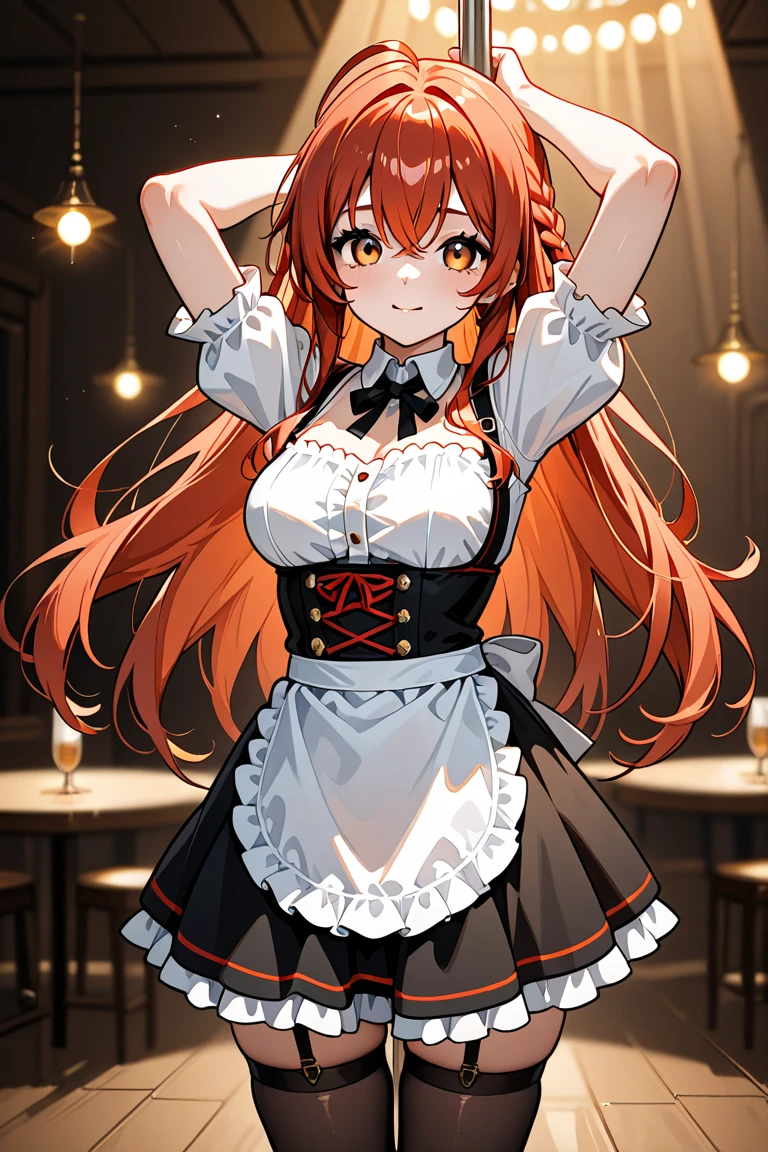 Liss Greyrat, 1girl, Ahoge, bangss, bare shoulders, black hairband, Brown skirt, a closed mouth, Clothes Cutout, arms folded, hair between eye, shairband, length hair, long-sleeve, Look at viewers, red eyes, red hairs, Shoulder clippings, simple background, Black shorts,beauty legs 独奏, Hi-Res, Harm, mushoku tensei grass field randome pose small tits 15yo student small stature