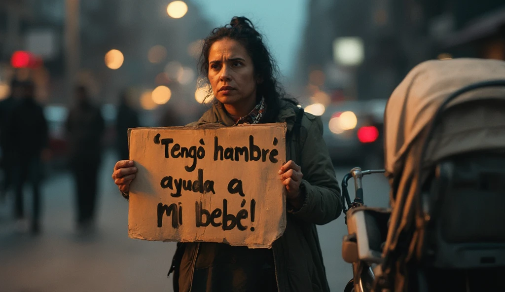 I want a poor girl crying begging for alms with a sign that says “Tomorrow will be beautiful” written in Spanish