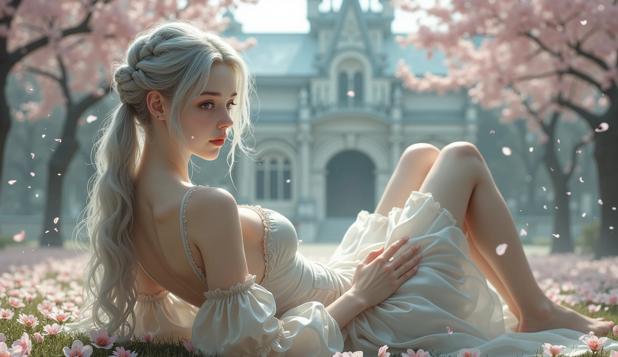 ((Girl lying in an old castle park with cherry blossoms in full bloom))、(of the best quality、masterpiece:1。 high definition、real、front light、Exquisite Details、exquisite detail and texture、1 personの少女、1 person、( young)、Face Highlights、upper body、Detailed Faces、 teardrop mole、white skin、 Silver Hair、Famous Paintings:1. body、Detailed Faces、 teardrop mole、white skin、 Silver Hair、ponytail、braid hair、Viewer、big blue eyes、(off) White long dress with transparent shoulders、piercing、medium chest、Slender me、 luxurious room、professional lighting、photon mapping、radioactive 、physics-based rendering。 base rendering、(European castle with hazy background)、((Cherry blossoms falling like snow、The petals are dancing))、、backlight、(I can see the silhouette of the body)