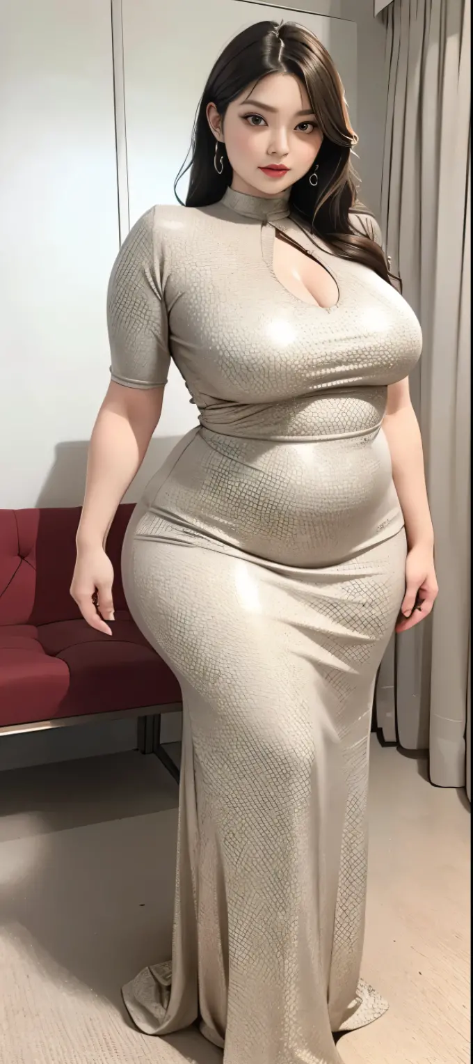a pregnant woman in a gray dress poses for a picture, thicc, full covered dress, wide hips, thick body, powerful and huge, tight dress, curvy figure, soft curvy shape, tight attire, curvy, busty, thick neck, curvy hourglass figure, skintight dress, hyperrealistic full figure, tight full body suit