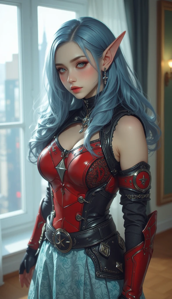 19 year old girl wavy blue hair gray eyes cheerful face detailed body pirate corsair shirt crimson corset black leather pants 