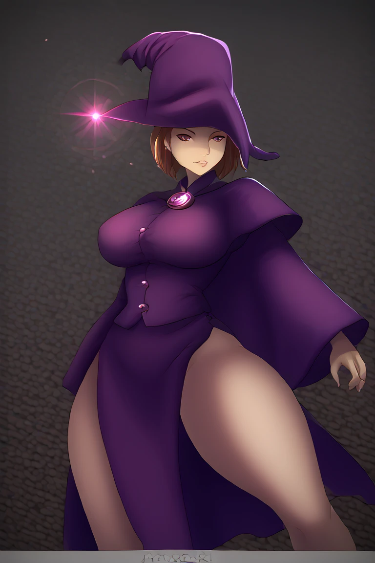 (Beautiful detailed eyes), (Beautiful Detailed face), (masterpiece, best quality:1.1), mage (dq3), 1girl, solo, short hair, pink hair, red eyes, witch hat, gloves, medium breasts, boots, (orange cape), staff, black socks, witch, simple background, (nude), (nipples), (bottomless)