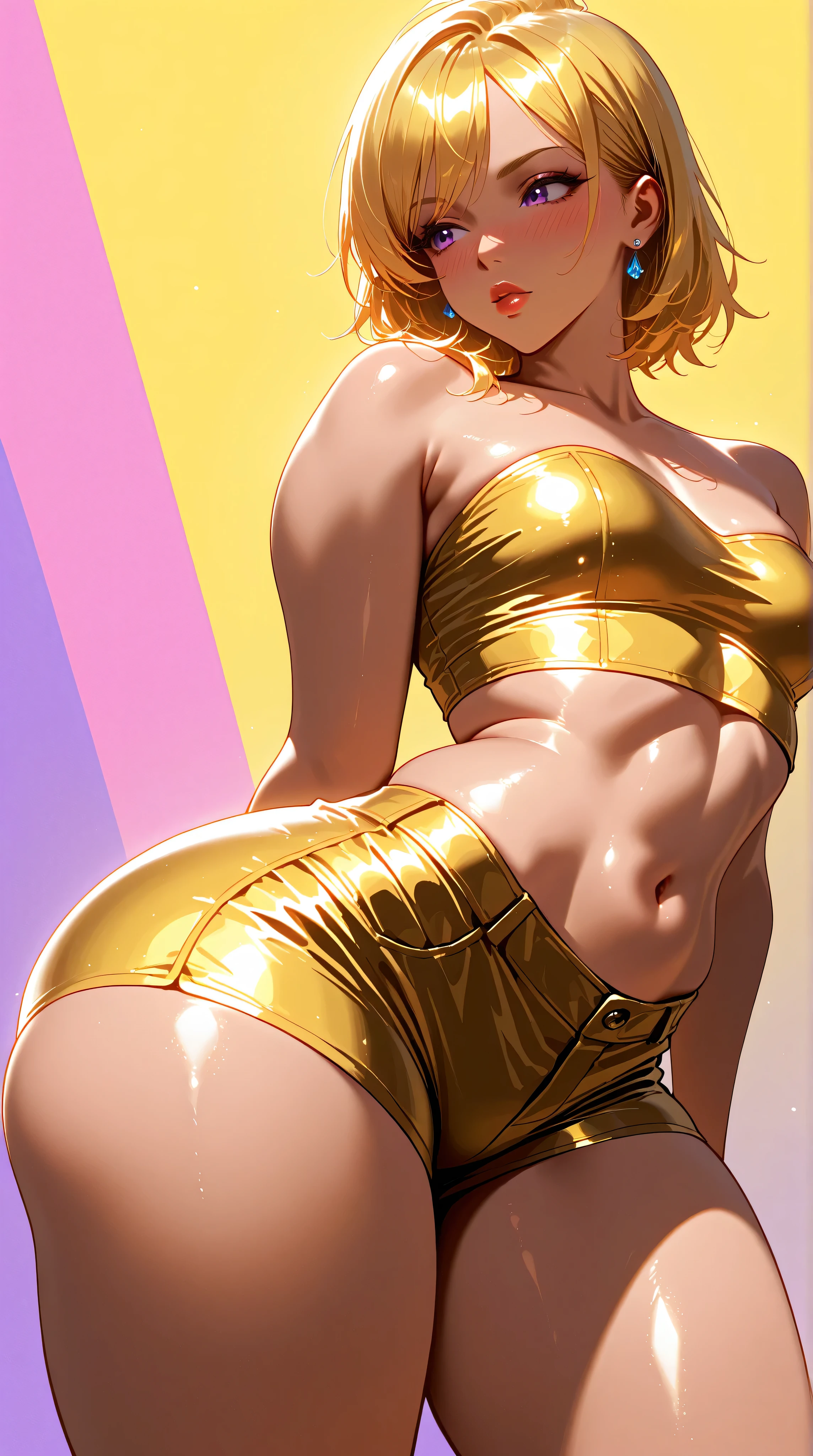 Muscular blonde woman with short hair with large breasts detailed large thighs detailed voluptuous wearing golden lingerie with thunder powers