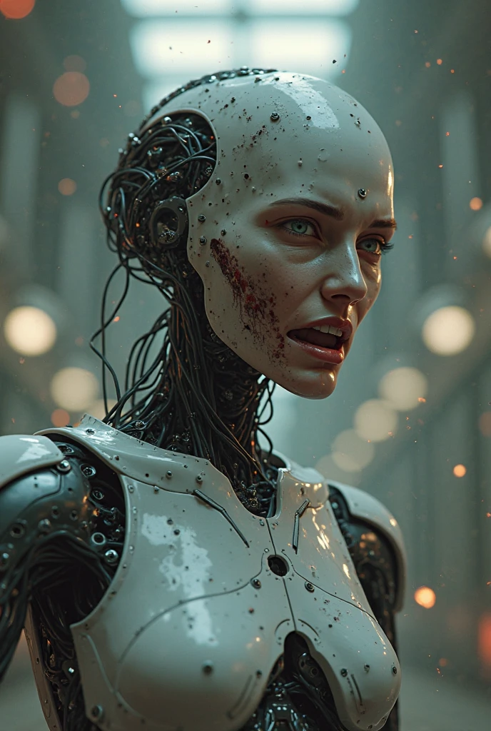 (((Highest quality))), ((Ultra high definition)), (Highly detailed photorealistic), (((Delicate and beautiful features)), (Broken detailed face)), Cinematic Light, ((Hanging Mechanical Doll)), (((Not expressive))), only, whole body, a bit, Machine Head, ((Bald headed robot)), ((close your eyes)), ((Mechanical Neon Stickers: 1.4), (Rusty Mechanical Limbs)), (Blood vessels connected to tubes), ((Rusty mechanical vertebrae attached to his back)), (((Rusty cervical vertebrae) Wear around the neck)), ((On my knees)), (Rusty wires and cables attached to head and body: 1.5), a bites lampes LED rouges sur le corps, sf, Fine rust, ((Exquisite and detailed, Real Stick, Photorealistic, Photorealistic:1.37)), ground angle, View of 3/4