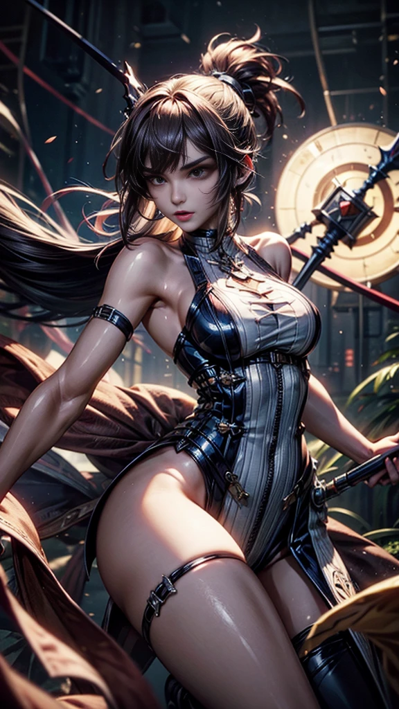 a muscular female samurai, detailed face, long eyelashes, beautiful detailed eyes, beautiful detailed lips, extremely detailed skin and muscles, bandage wrapped around her large breasts, detailed torso, holding a katana sword, highly detailed, hyper realistic, 8k, ultra detailed, photorealistic, masterpiece, dramatic lighting, cinematic