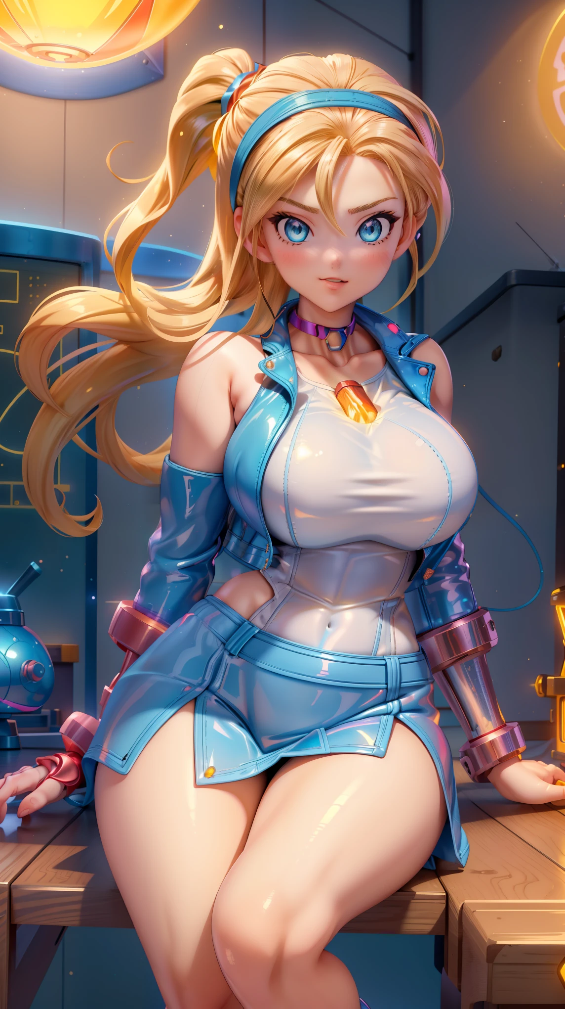 super fine illustration, vibrant colors, absurdres extremely detailed CG, 8k wallpaper, glare, Hong Kong backstreet, night, (upper kick), BROWN EYES SHORT HAIR BROWN HAIR DOUBLE BUN BUN COVER BLUE DRESS PELVIC CURTAIN SPIKED BRACELET SASH BROWN PANTYHOSE,