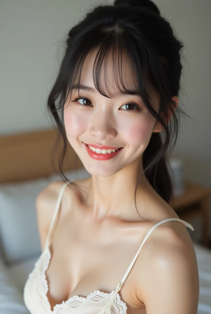 A woman who appears to be 30 years old, oriental-like, with a white sweater, transparent and wet, with a sensual look and an expression of happiness