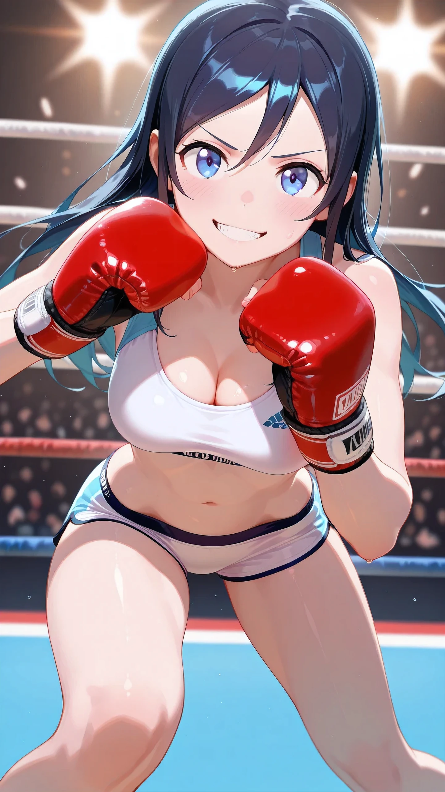 ayase aragaki, long hair, blue eyes, black hair, solo, Detailed eyes, white sports bra, white sports very short spats, fingerless gloves, thigh, cleavage, slim long legs, medium breast, grinning, looking at viewer, Detailed eyes, Detailed face, (portrait, from avobe), victor, boxer stance, boxing ring, spectator seats, spot lights, depth of field, (High quality, Ultra detailed, best quality, insanely detailed, beautiful, masterpiece),