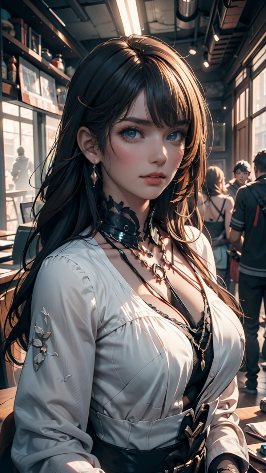 24-year-old girl wearing a collar、Heavy Metal Fashion、Bracelet with spikes、Leather jacket、Leather pants、Devil Makeup、Black lipstick、long hair、Straight Hair、the finger