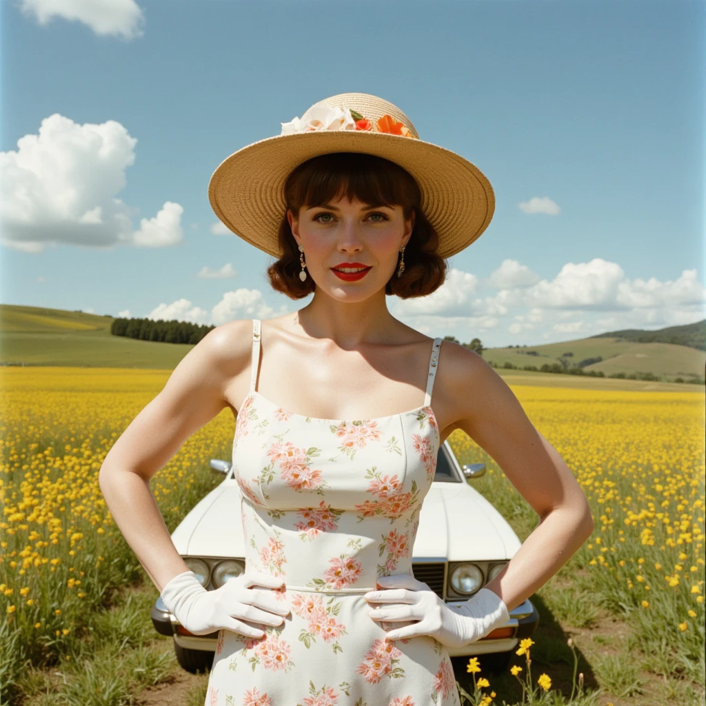 A naked woman with short red hair is sitting in a vintage convertible. The woman is wearing black sunglasses. It is standing in front of a cornfield.