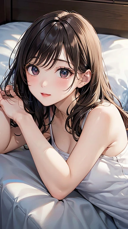 (Highest quality, masterpiece, Ultra-realistic), Beautiful and delicate15Year-old girl portrait, With a calm and gentle expression, The background is the bedroom in my own home.、I am studying hard at my desk.、camisole、Bust is C cup