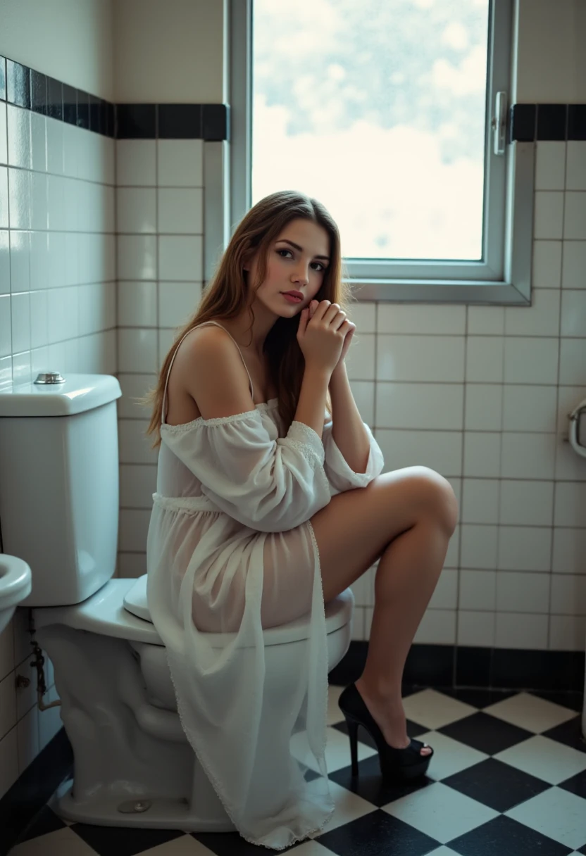 Naked woman siting in a toilet, bottomless, bathroom