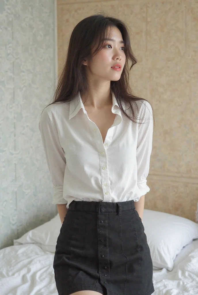 best quality, masterpiece, (photorealistic:1.4), 1girl, light smile, shirt with collars, waist up, dramatic lighting, from below