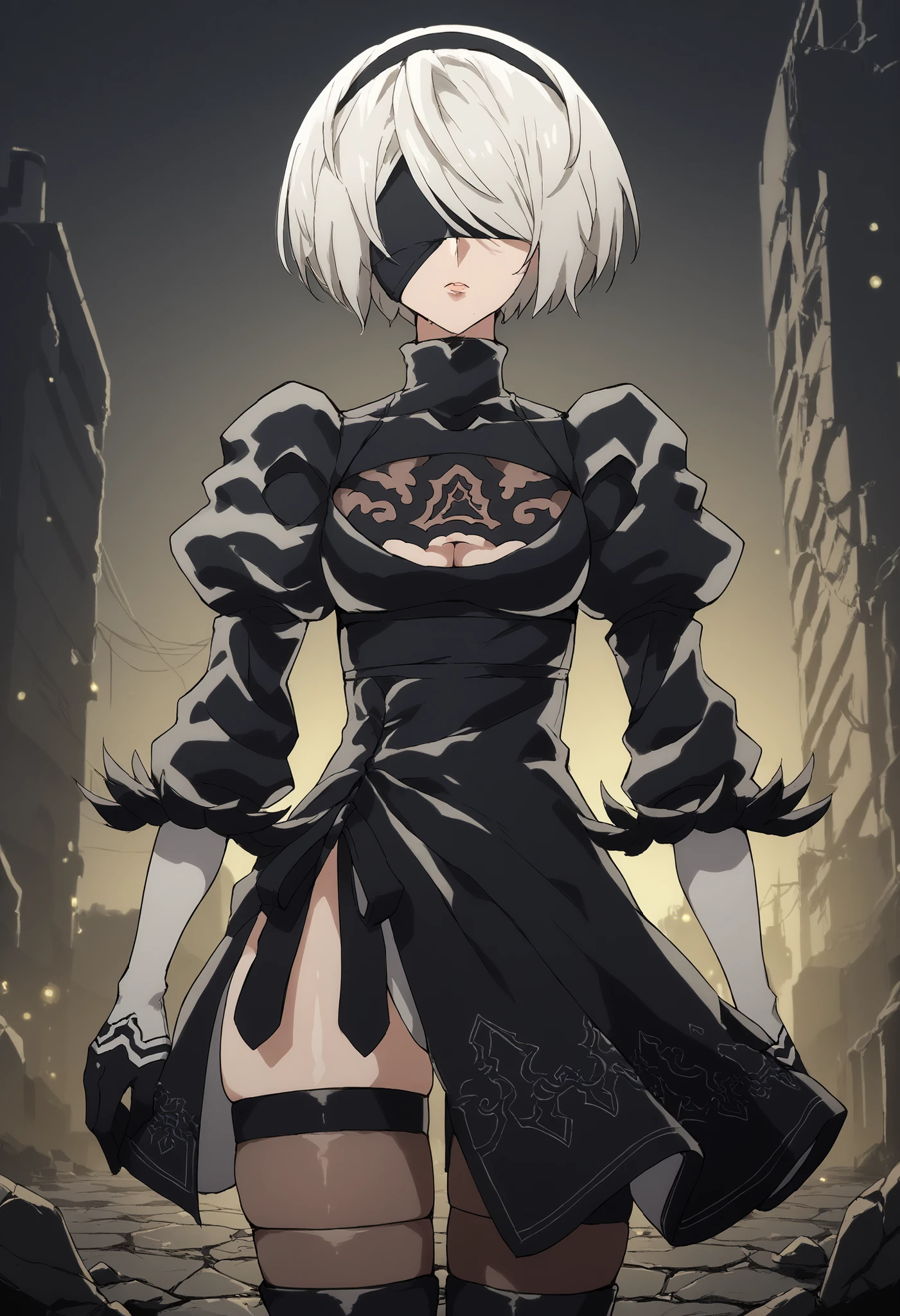 1girl, solo, white hair, short hair, black blindfold, black dress, thigh slit, black gloves, puffy sleeves, black thighhighs, nier2Bdef score_9, score_8_up, score_7_up, score_6_up, ruined city, dark theme, abandoned buildings, broken windows, crumbling walls, mist, fog, dim lighting, neon lights, post-apocalyptic atmosphere, destroyed streets, cracked pavement, overgrown vegetation, cyberpunk aesthetic,anime style, cel shading, vibrant colors, soft shading, anime face, large expressive eyes, smooth lines, stylized hair, detailed anime background, thick thighs, muscular thighs, meaty thighs, curvy, voluptuous, strong legs