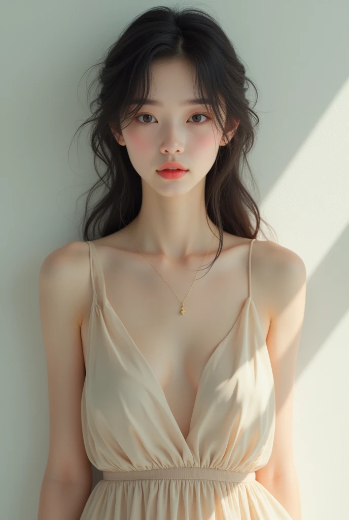 Gentle and charming Chinese beautiful woman, half-length photo, delicate and y collarbone, charming oval face, double eyelids, vivid peach blossom eyes, pink lips, small nose, bare shoulders, focused face, face close-up, ultra-high-definition, Ultra-detailed and classy to stand on, Acne Studios pastel yellow cropped cardigan is spun from a mohair-blend yarn blended with hints of wool for a soft, lightweight feel and sheer finish. It's fitted with ribbed trims and a classic V neckline