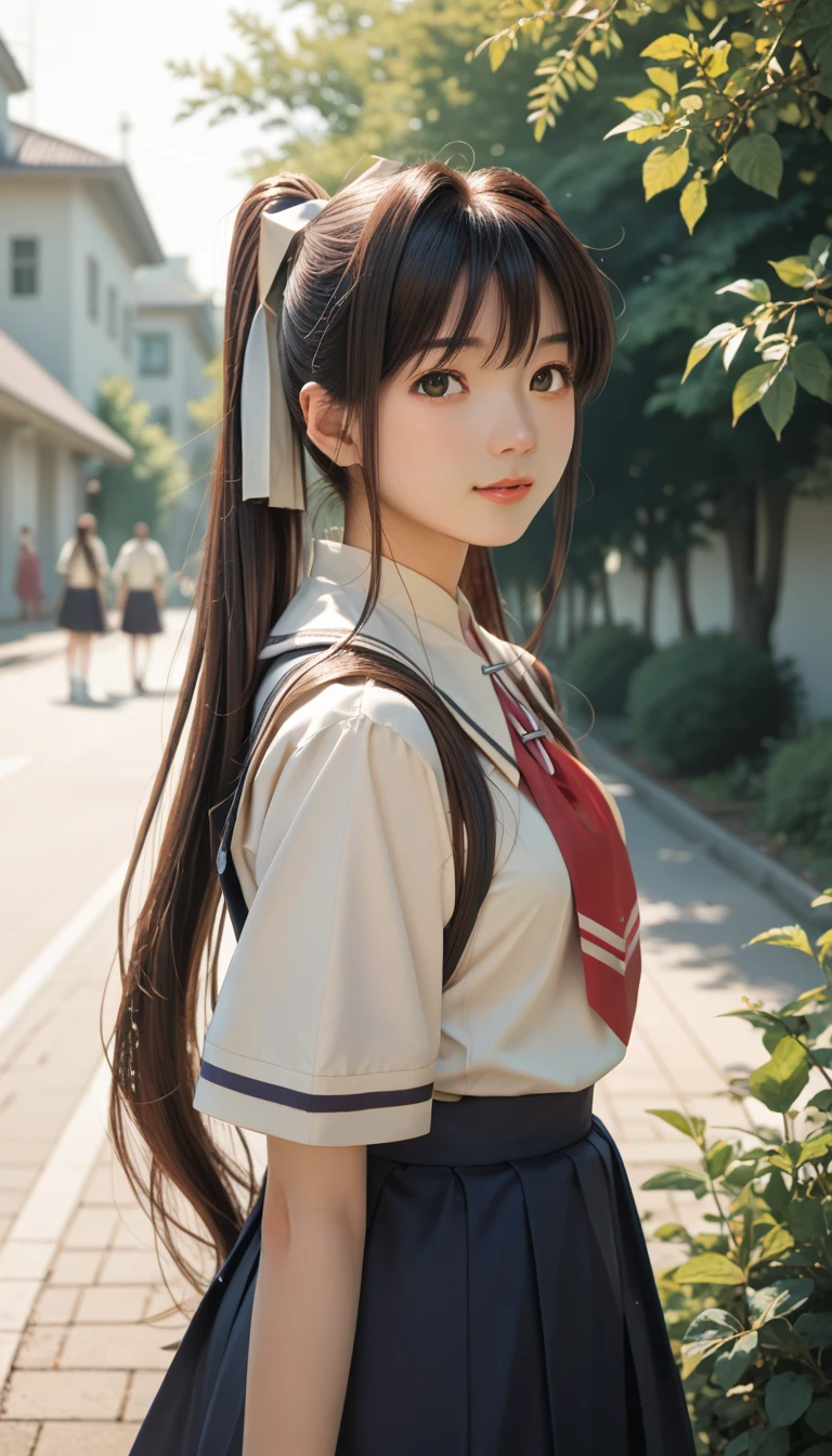 (8K、RAW Photos、maximum quality、Masterpiece artwork:1.2)、(realisitic、Photorealistic:1.2)、1 girl、((white shirt with long sleeves、a sailor suit、red necktie、Navy blue pleated skirt))、(high school girl)、age 28、Roll up skirt、big eyelash girls、Lame in dark red eyelids to the knee、Skeletally correct、open groin、wavy twintails、cute smile、sweaty body、attractive body beautiful perfect body、Emphasis on line V、hands behind head、、