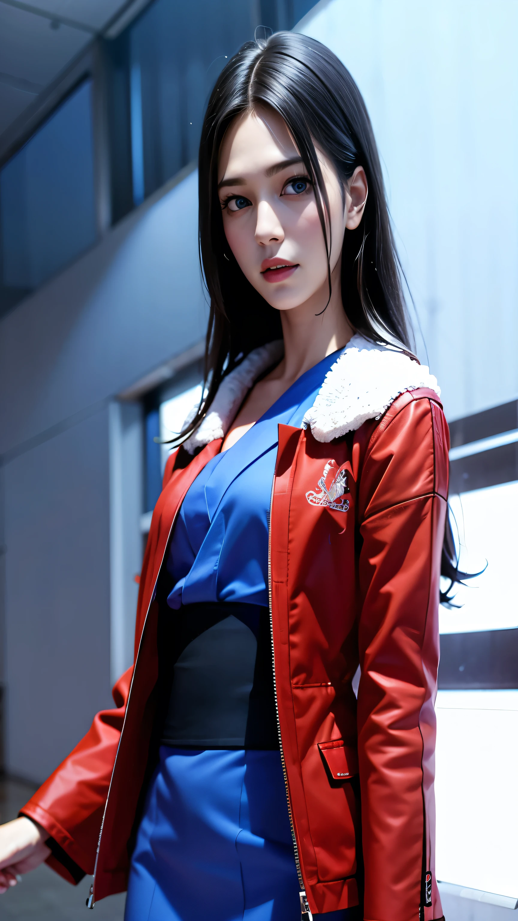  real woman、masterpiece、of the highest quality、high image quality、Khimshiki、short hair、stupid hair、red jacket、blue eyes、blue kimono、fur trim、Multicolored eyes、Cowboy Shooting、outdoor、Night、1 girl、solo、high definition、long hair、blue eyes、very long black hair、Precise Details、HDR、UHD、Studio Light、Ultra Precision Painting、Sharp Focus、physics-based rendering、extreme detail expression、professional、vivid colors、Bokeh、（Full body shot ）, standing up picture, Nikon, 