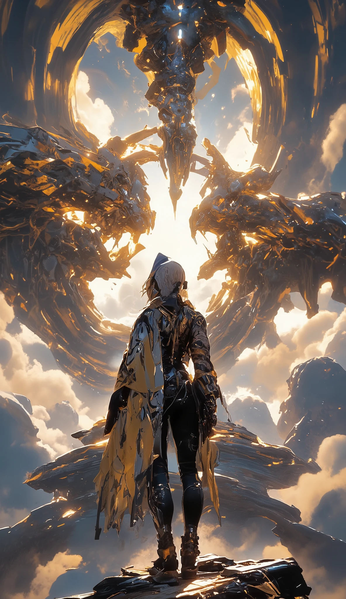 Masterpiece, breathtaking 4K wallpaper, ultra-high resolution, cinematic lighting, dramatic perspective. Extremely detailed brush painting, blending realistic and anime styles. Inspired by Makoto Shinkai, utilizing a vibrant yellow-orange and deep black color palette. Focus on intricate textures and dynamic compositions.
A sprawling ancient civilization floats amidst a sea of ethereal clouds. These clouds are voluminous and swirling, ranging from delicate cirrus to dense cumulonimbus, illuminated by the warm, diffused glow of golden hour. The city itself is circular, with gleaming defense walls at its edges, encircling a central, towering skyscraper. Below, a majestic mountain peak emerges from the cloud cover. Detailed ancient textures are paramount.
A solitary, slim female adventurer, captured in a relaxed pose, gazes upon this floating city from a hilltop. She wears an intricately designed cloak adorned with tattooed ornaments and fantasy elements. Her boots and gloves feature engraved buckles. Her back is turned to the viewer, emphasizing her solitary contemplation of the scene.
The image is composed with a high-angle shot ( bird-eye angle), employing the rule of thirds for optimal visual balance. The sky is a brilliant, clear blue, contrasting with the pearlescent white, smoky grays, and warm ochre hues of the meticulously painted clouds. Every element is rendered with exceptional detail, conveying a sense of wonder and weightlessness