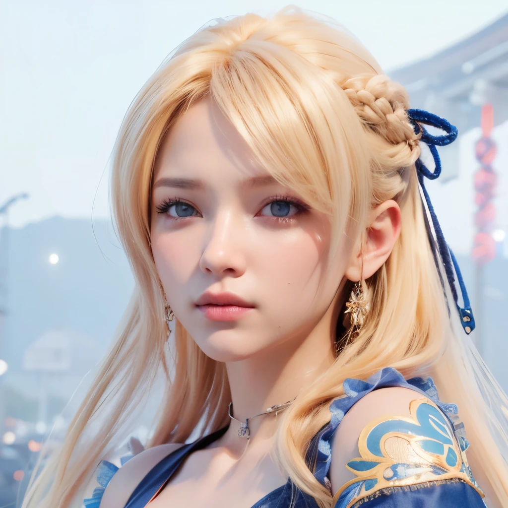 best quality, ultra high res, (photorealistic1.4), blue dress, 1girl, solo, (orange long hair:1.3), japanese face, sweat, 3d realistic game, ((puffy eyes)), ((closeup)),