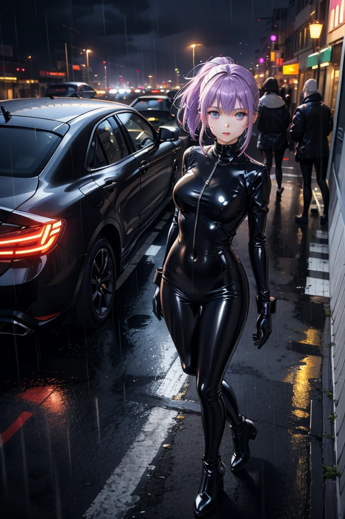 Masterpiece, Beautiful art, professional artist, 8k, shy expression, very detailed face,1 girl, View from the front, standing, walking down the street, BIG BREASTS, perfectly drawn body, pale skin, seductive expression, loving smile, beautiful face, long dark crimson hair, 4k eyes, very detailed eyes, pink cheeks, (shiny black tight bodysuit), Sensual Lips, show details in the eyes, City, at night