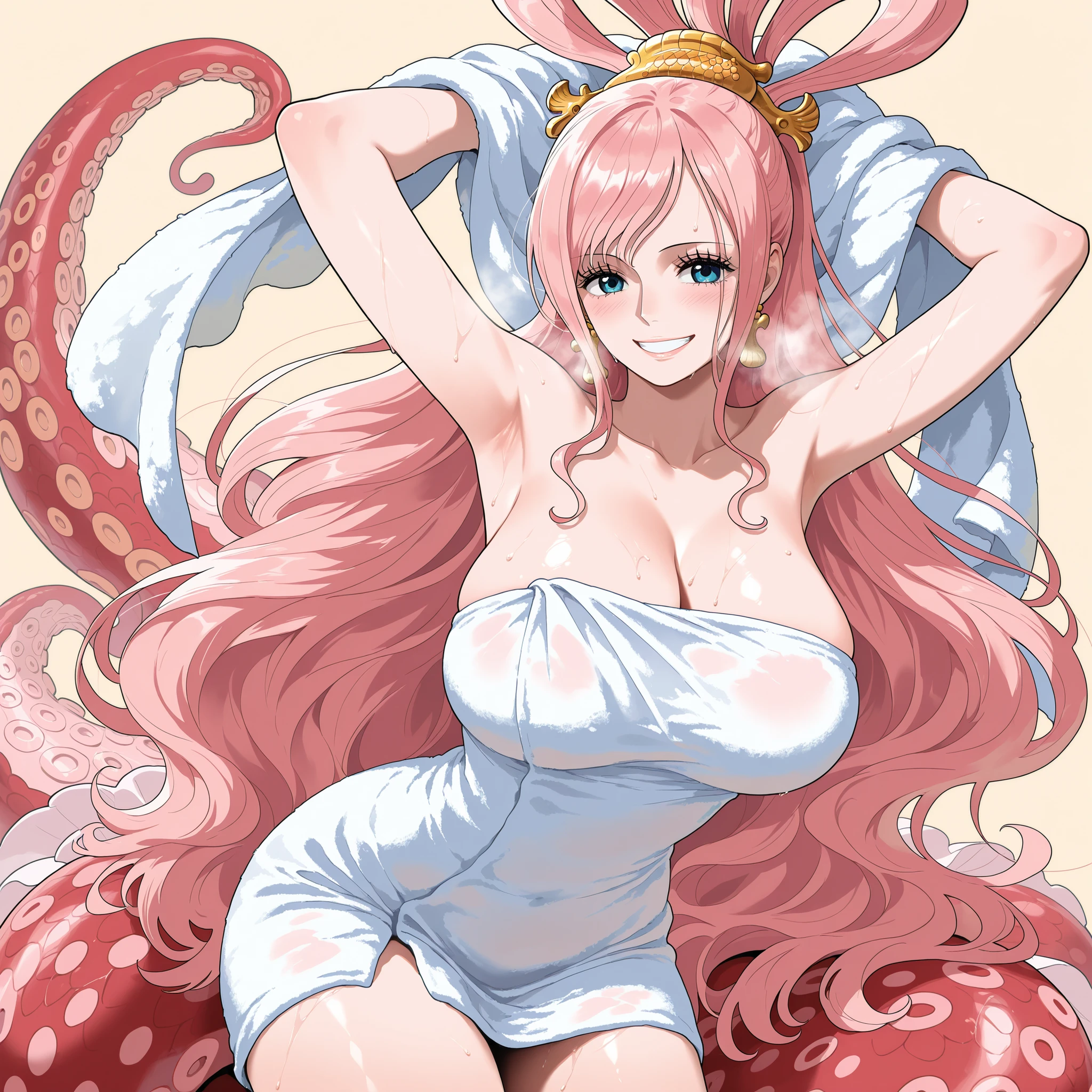 masterpiece, best quality, amazing quality, 1girl, (Shirahoshi , one piece, blue eyes, pink hair), white towel, very happy smile, medium shot, simple background, medium size , golden ratio face, lesbian, sexy pose, breathing effect, breathing heavily, onsen background, tentacles, rape, Giant Octopus,
